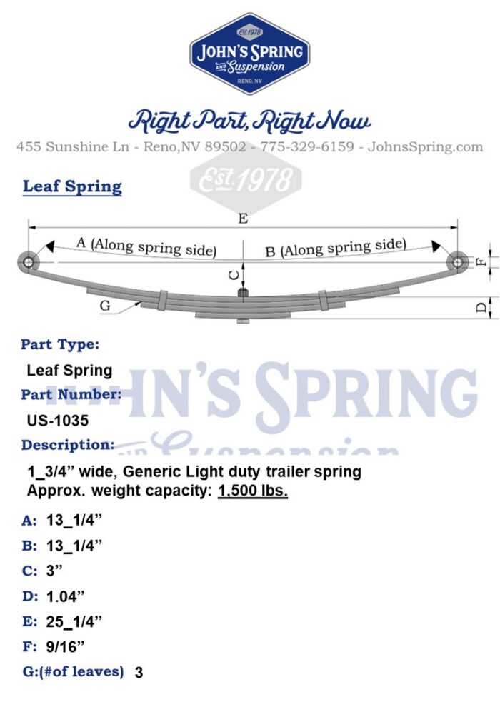 35ft Spring LEAF SPRING US-1035: 1_3/4” wide, 3 Leaf, 13_1/4