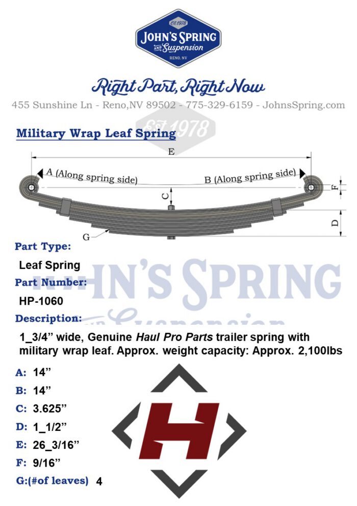 LEAF SPRING: 1_3/4" wide 5 Leaf, 14" (26" interchangeable) Approx 2,600lbs