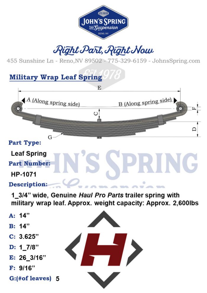 LEAF SPRING: 1_3/4" wide 6 Leaf, 14" (26" interchangeable) Approx 3,000lbs