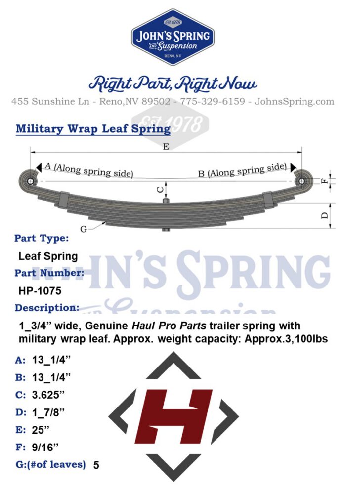 LEAF SPRING: 1_3/4" wide 5 Leaf, 13_1/4" (25_1/4" interchangeable) Approx 2,500lbs